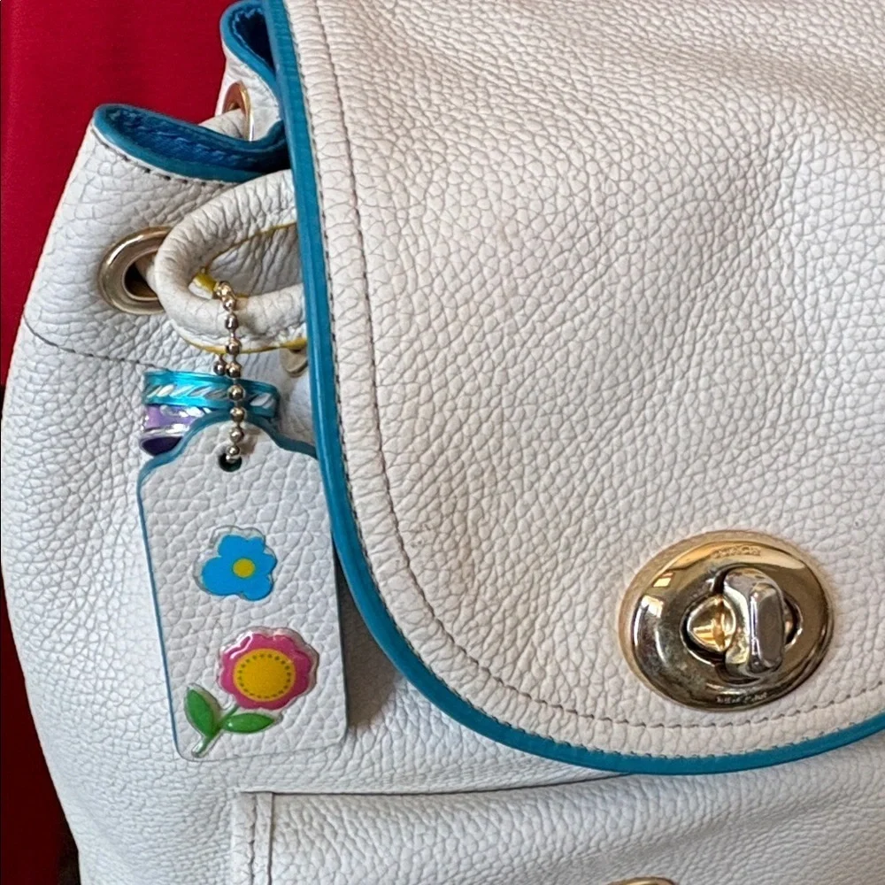 Coach Mini Backpack  F37789  leather cream/blue yellow red edging  2 turn locks